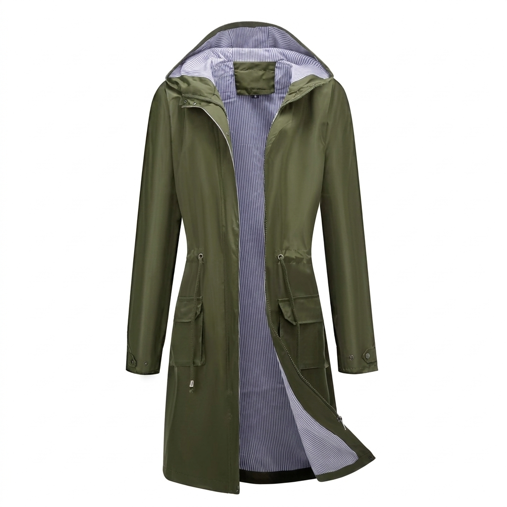 Breathable Long Coat for Women with Hood and Feminine Cut