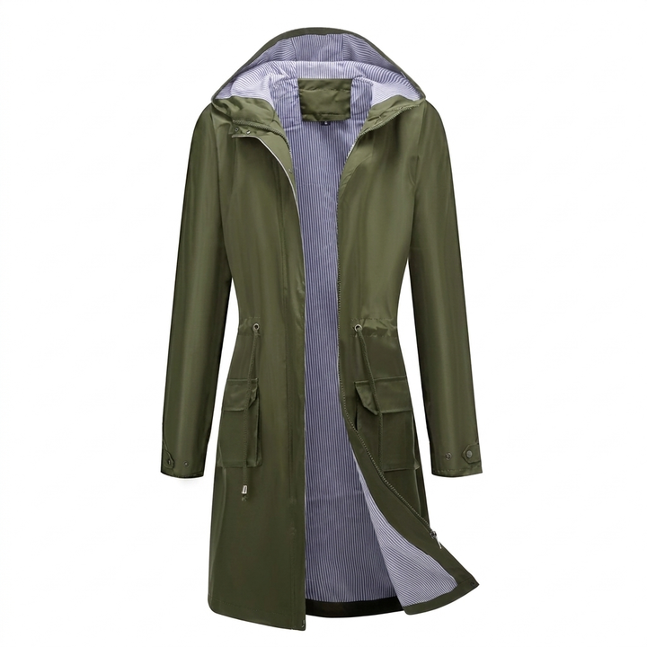 Breathable Long Coat for Women with Hood and Feminine Cut