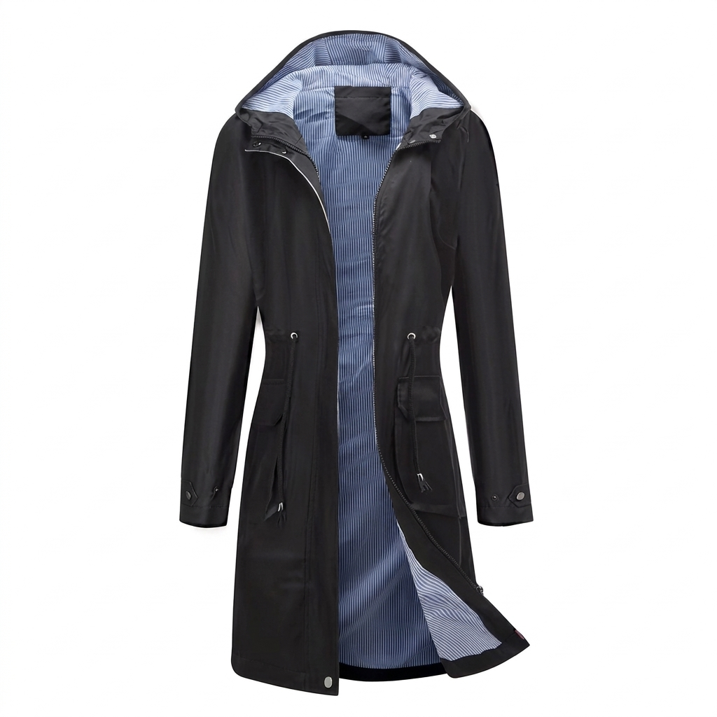 Breathable Long Coat for Women with Hood and Feminine Cut