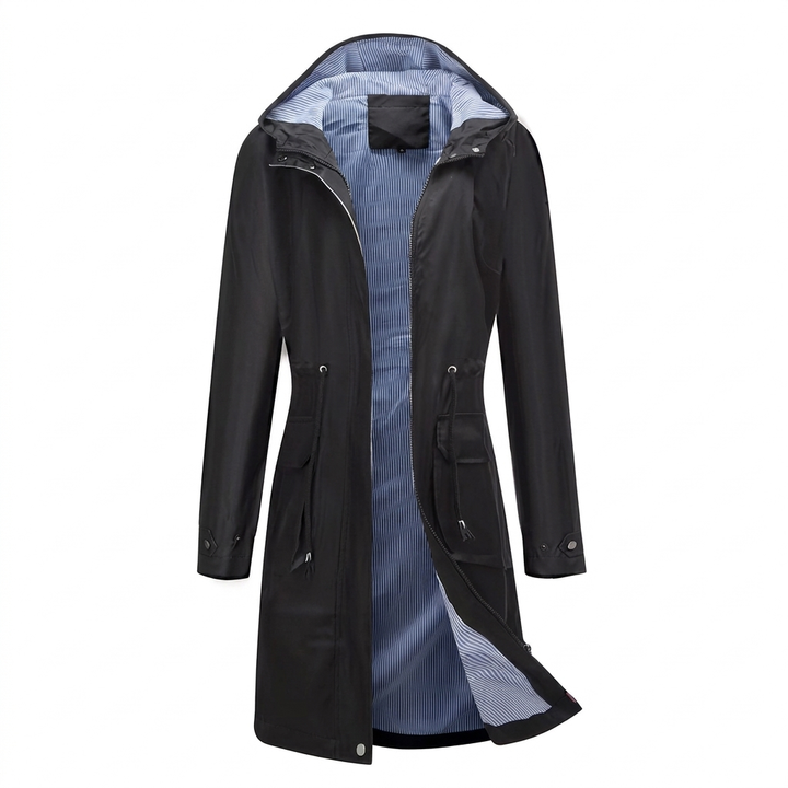 Breathable Long Coat for Women with Hood and Feminine Cut