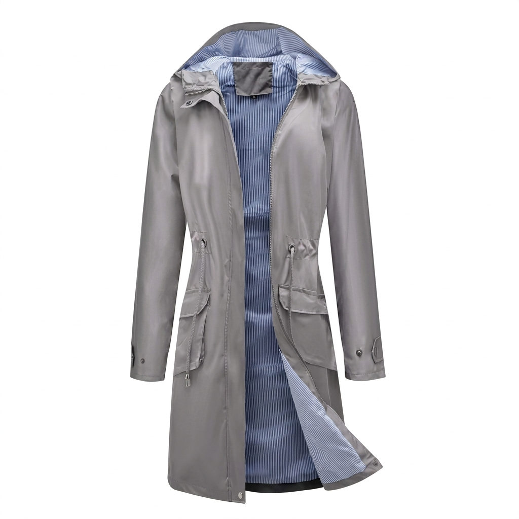 Breathable Long Coat for Women with Hood and Feminine Cut