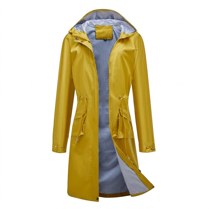 Breathable Long Coat for Women with Hood and Feminine Cut