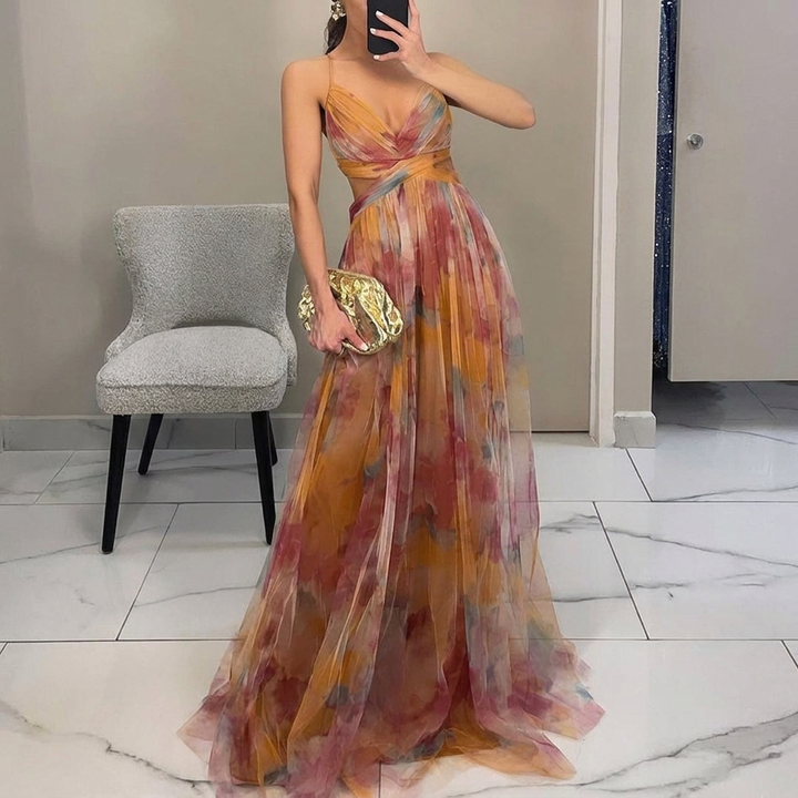 Women's Maxi Dress – Multicolour, Thin Straps, V-Neck, Fluid Silhouette