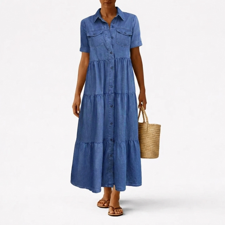 Denim-Print Midi Dress – Relaxed Cut with Front Button Placket