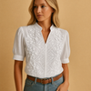 Embroidered White Blouse with Stand Collar