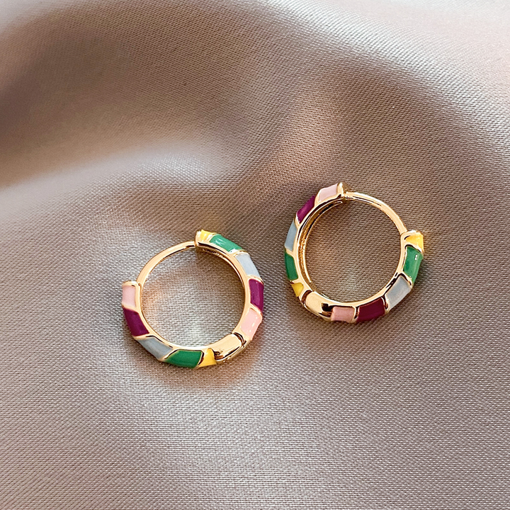 Elegant Gold Earrings with Colourful Enamel Accents