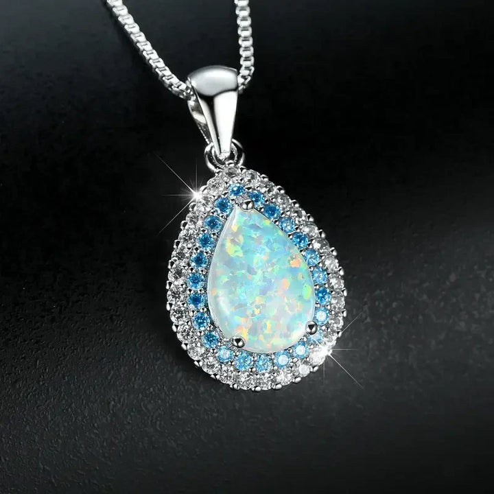 Sparkling blue opal necklace in white gold