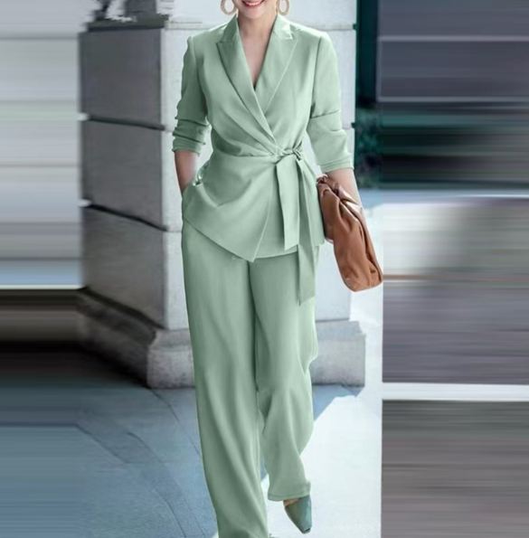Women's Blazer Suit Set with Wide Leg Trousers and Belt