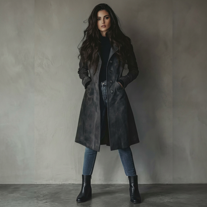 Women's Long Coat Faux Suede Look with Classic Collar