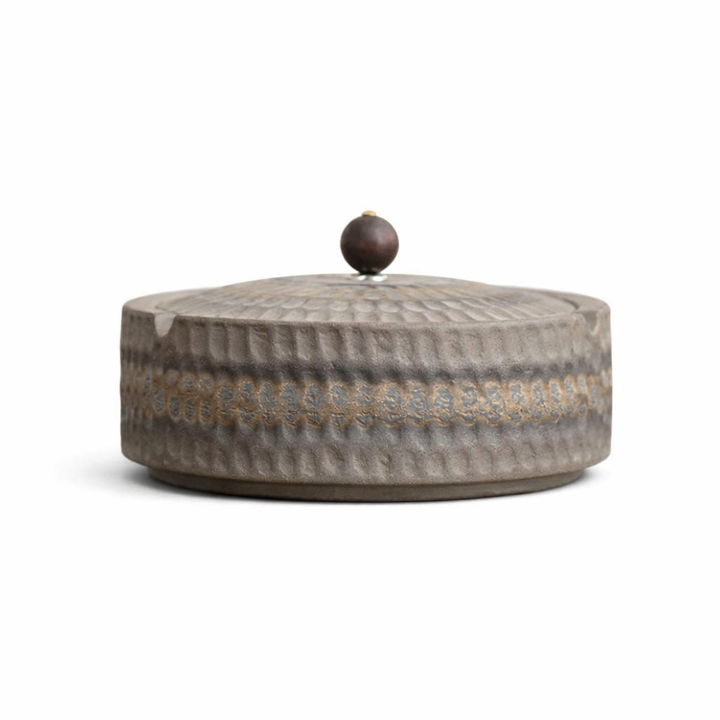 Handmade Ceramic Ashtray with Wooden Lid, 12.5 cm