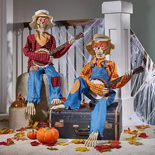 Hauntique Animated Skeleton Duo | Sound-Activated Halloween Decoration with Music and Lights