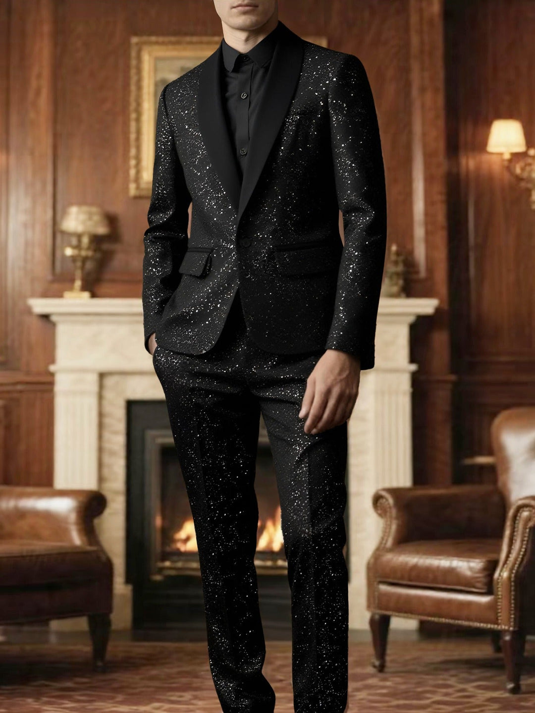 Men's Glitter Suit Jacket and Trousers - Black