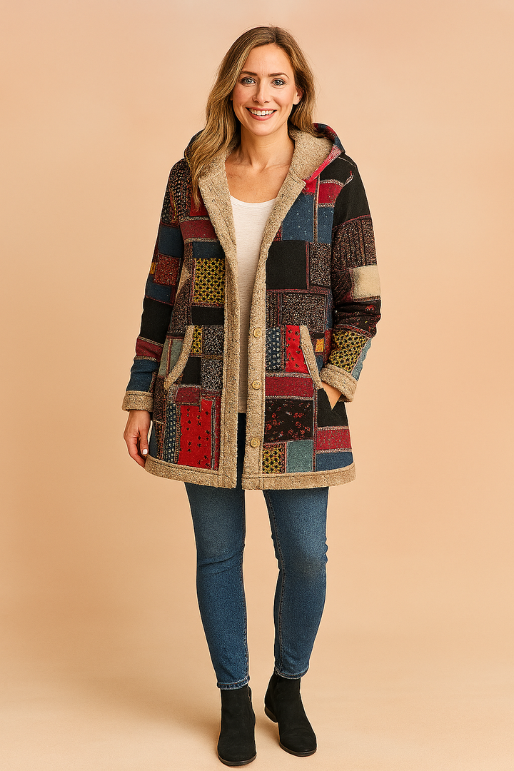 Women's Long Hooded Fleece Coat - Patchwork Pattern in Colourful Print