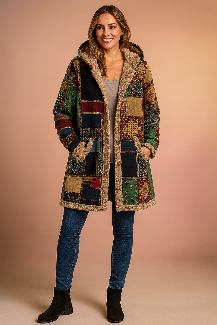 Women's Long Hooded Fleece Coat - Patchwork Pattern in Colourful Print