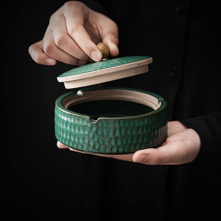 Handmade Ceramic Ashtray with Wooden Lid, 12.5 cm