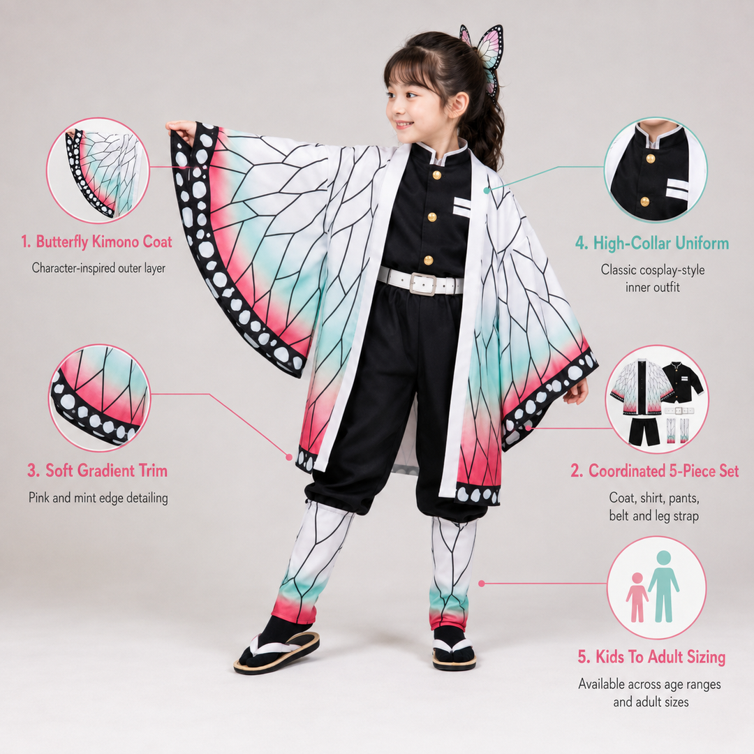 Kids' Halloween Anime Cosplay Costume with Butterfly Kimono Jacket Five-Piece Set