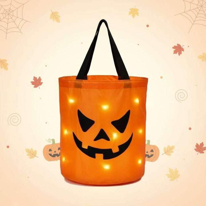 Kids' Halloween Candy Bag Bucket for Trick or Treat with LED Light Up Pumpkin Design