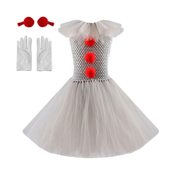 Kids' Halloween Clown Costume Outfit Female with Tutu Dress Hair Clips Gloves and Collar for Party