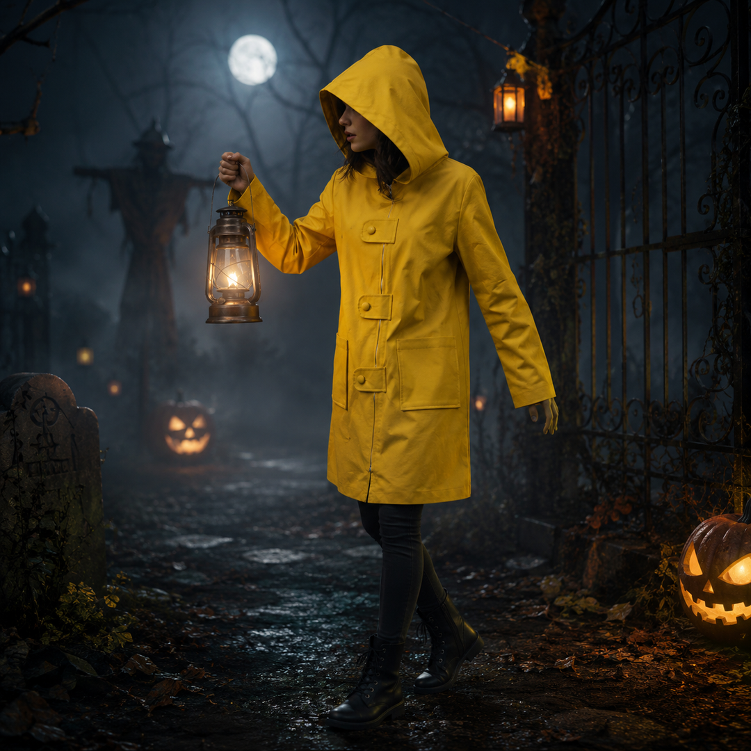 Kids' Halloween Cosplay Costume Yellow Raincoat Jacket with Hooded Design and Front Zipper Closure