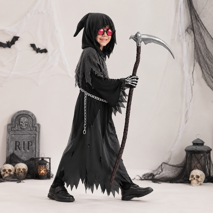 Kids' Halloween Costume Grim Reaper Hooded Robe Set with Glowing Eyes and Toy Scythe