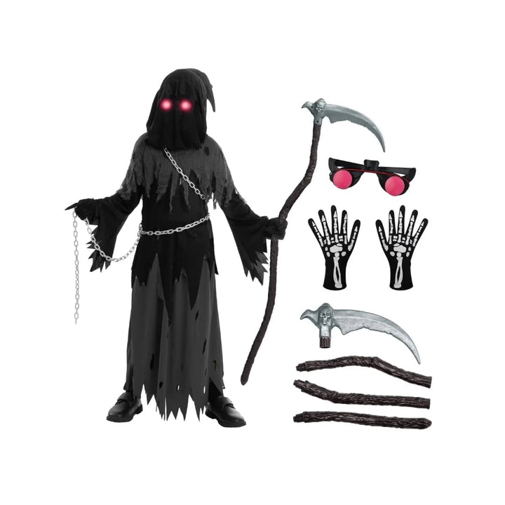 Kids' Halloween Costume Grim Reaper Hooded Robe Set with Glowing Eyes and Toy Scythe