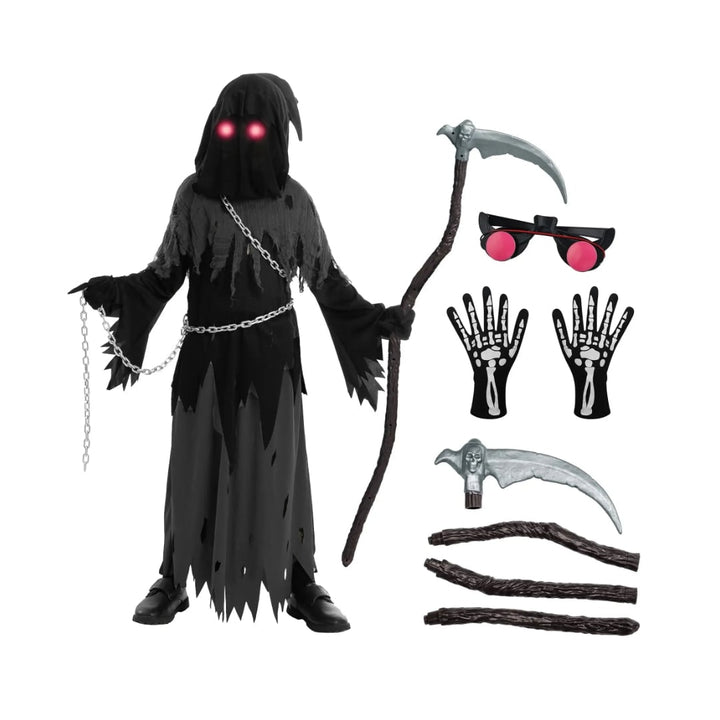 Kids' Halloween Costume Grim Reaper Hooded Robe Set with Glowing Eyes and Toy Scythe