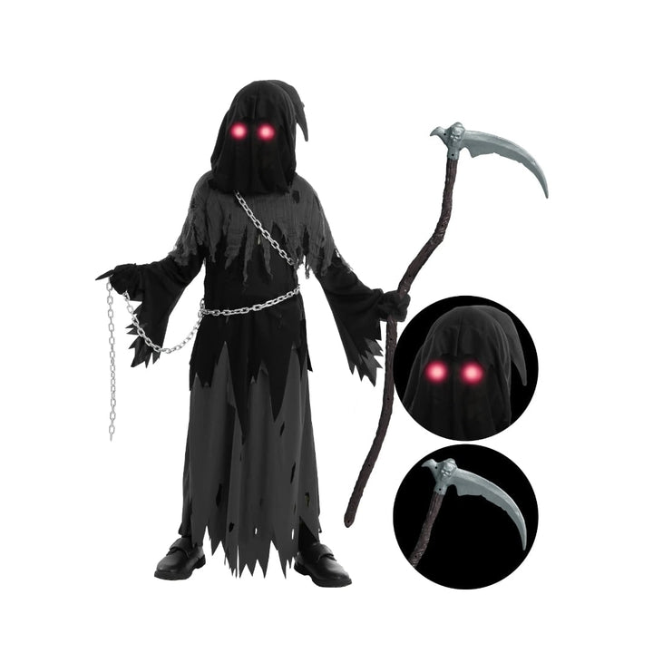 Kids' Halloween Costume Grim Reaper Hooded Robe Set with Glowing Eyes and Toy Scythe