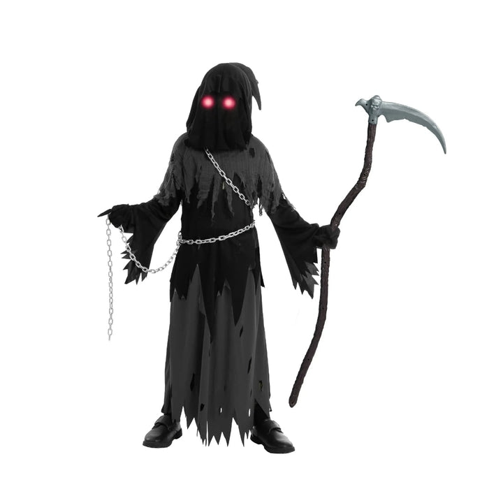 Kids' Halloween Costume Grim Reaper Hooded Robe Set with Glowing Eyes and Toy Scythe