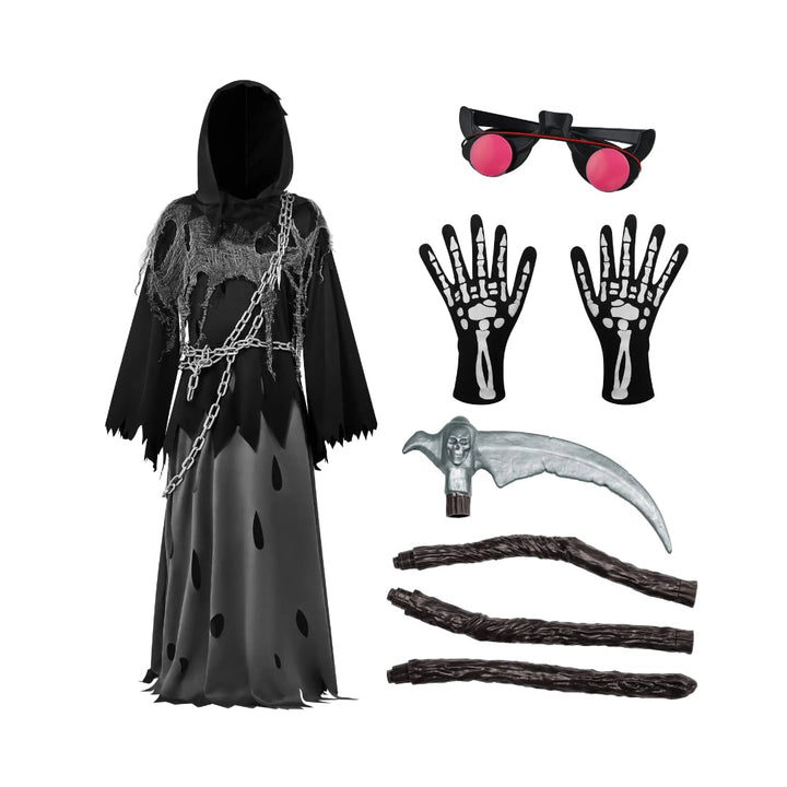 Kids' Halloween Costume Grim Reaper Hooded Robe Set with Glowing Eyes and Toy Scythe