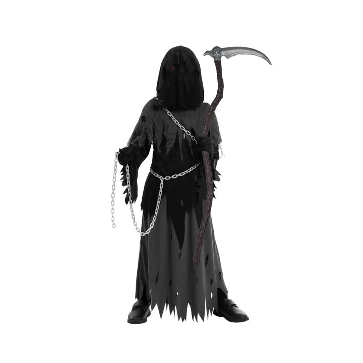 Kids' Halloween Costume Grim Reaper Hooded Robe Set with Glowing Eyes and Toy Scythe