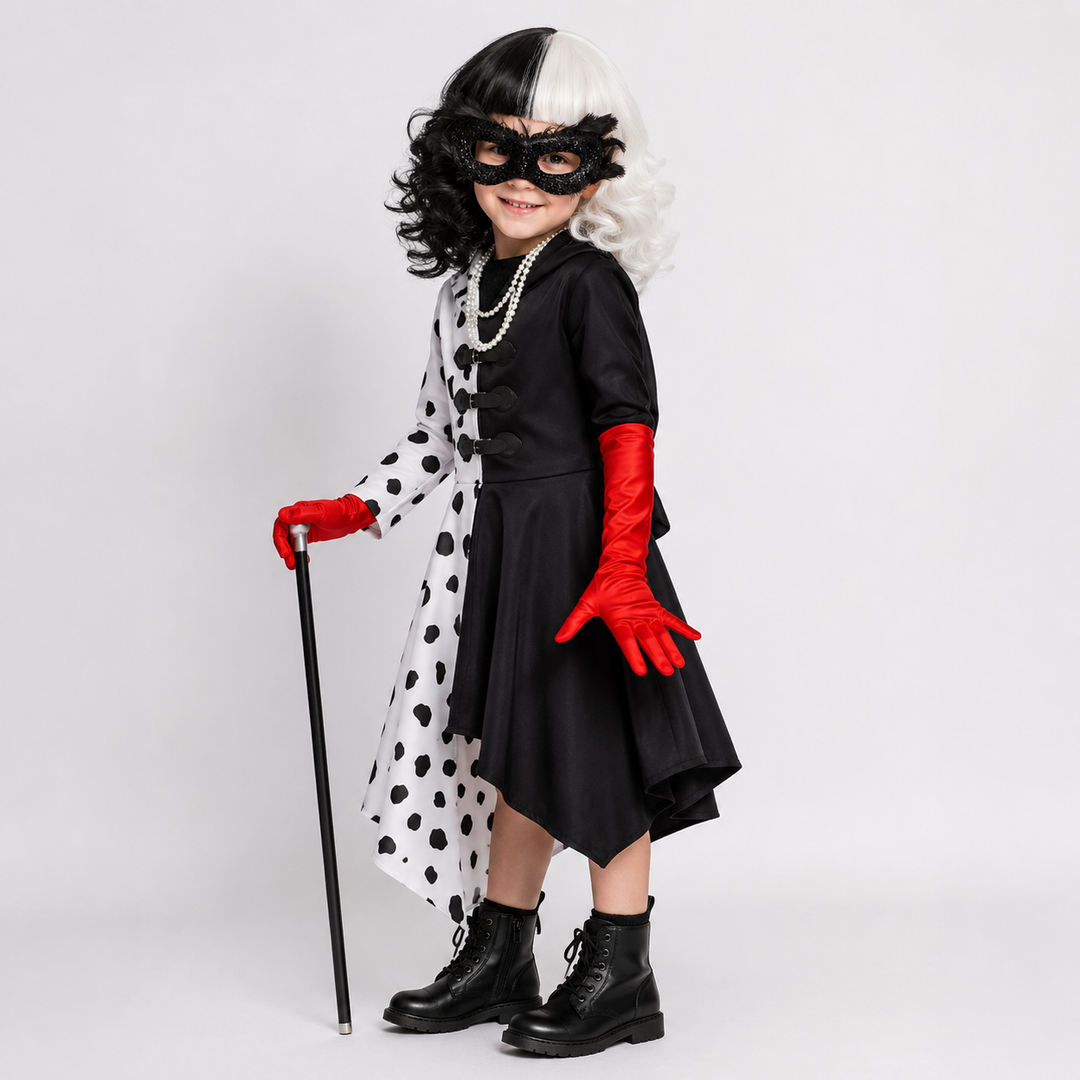 Kids' Halloween Black-and-White Villain Costume Dress with Dalmatian Spots and Attached Hood for Character Cosplay Party