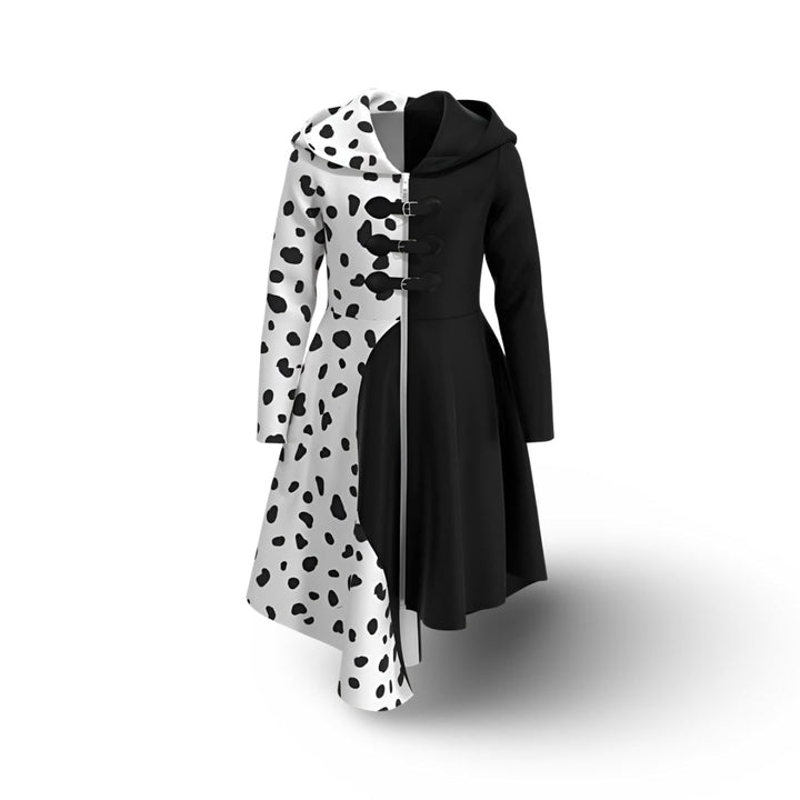 Kids' Halloween Black-and-White Villain Costume Dress with Dalmatian Spots and Attached Hood for Character Cosplay Party