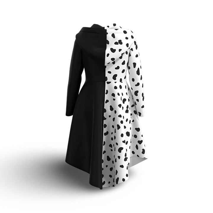 Kids' Halloween Black-and-White Villain Costume Dress with Dalmatian Spots and Attached Hood for Character Cosplay Party