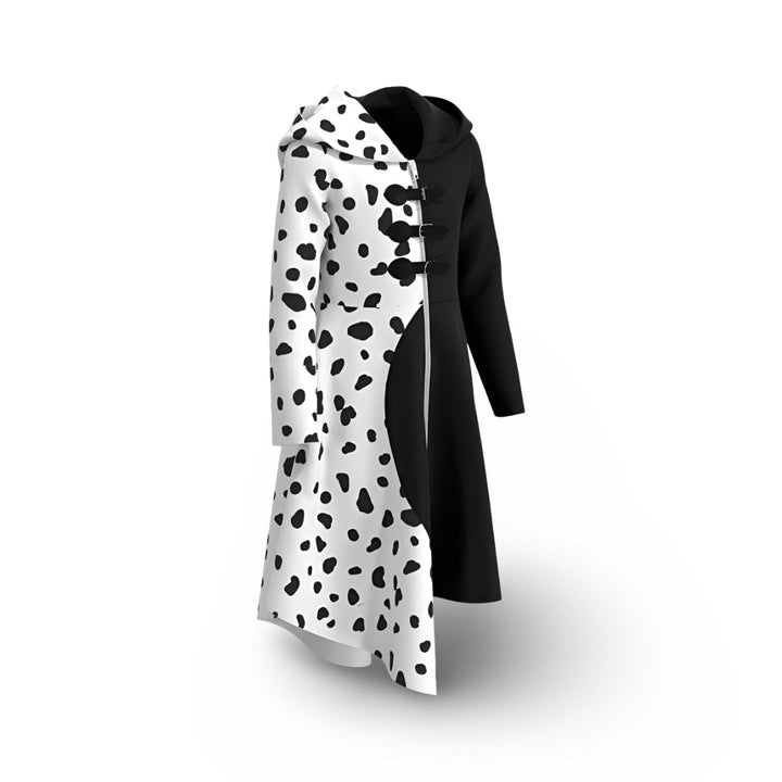 Kids' Halloween Black-and-White Villain Costume Dress with Dalmatian Spots and Attached Hood for Character Cosplay Party