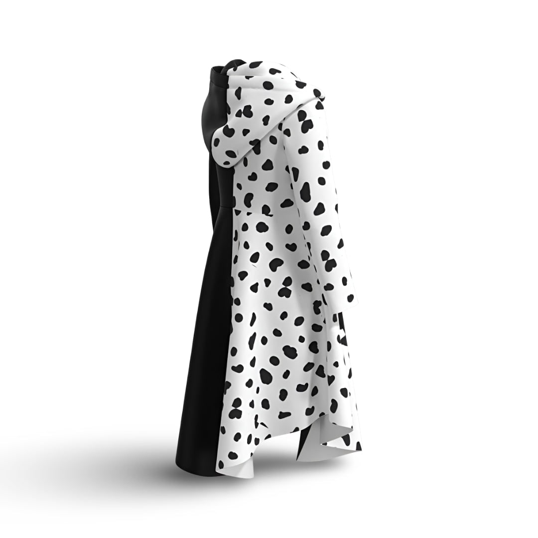 Kids' Halloween Black-and-White Villain Costume Dress with Dalmatian Spots and Attached Hood for Character Cosplay Party