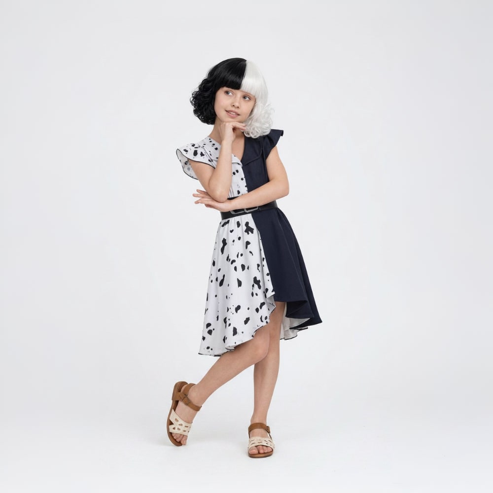 Kids' Halloween Black-and-White Fashion Villain Costume with Dalmatian Cape and Wig for Children