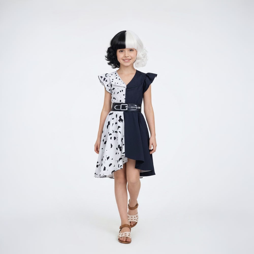 Kids' Halloween Black-and-White Fashion Villain Costume with Dalmatian Cape and Wig for Children