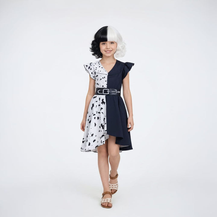 Kids' Halloween Black-and-White Fashion Villain Costume with Dalmatian Cape and Wig for Children