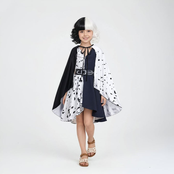 Kids' Halloween Black-and-White Fashion Villain Costume with Dalmatian Cape and Wig for Children