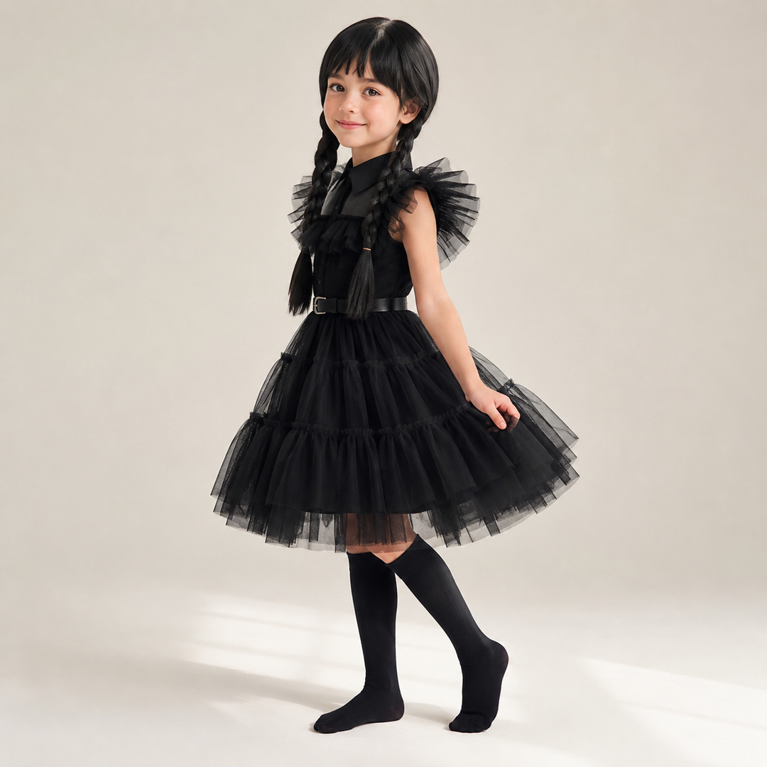 Kids' Halloween gothic schoolgirl Family Costume Dress with Tiered Tulle Skirt and Lace Mask