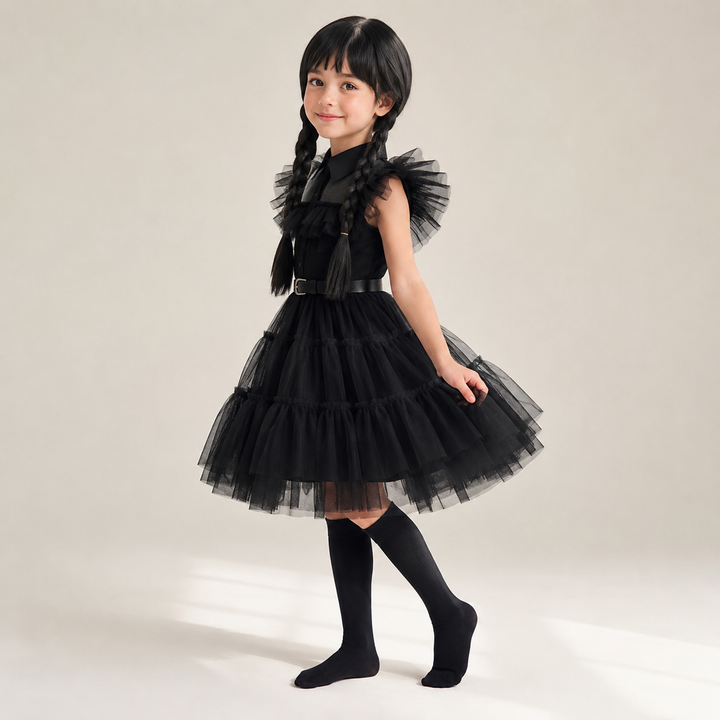 Kids' Halloween gothic schoolgirl Family Costume Dress with Tiered Tulle Skirt and Lace Mask