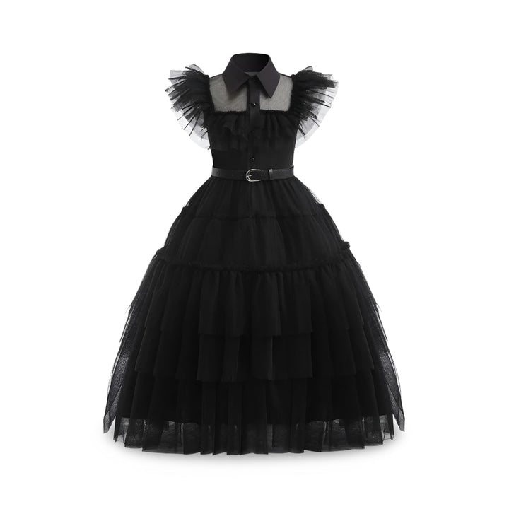 Kids' Halloween gothic schoolgirl Family Costume Dress with Tiered Tulle Skirt and Lace Mask