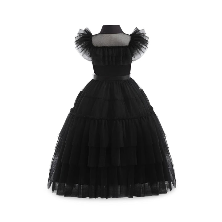 Kids' Halloween gothic schoolgirl Family Costume Dress with Tiered Tulle Skirt and Lace Mask