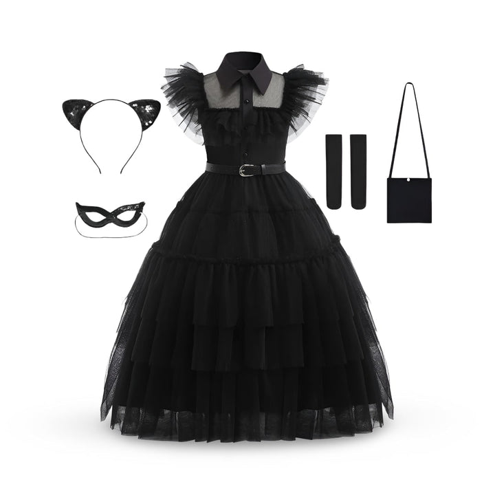 Kids' Halloween gothic schoolgirl Family Costume Dress with Tiered Tulle Skirt and Lace Mask