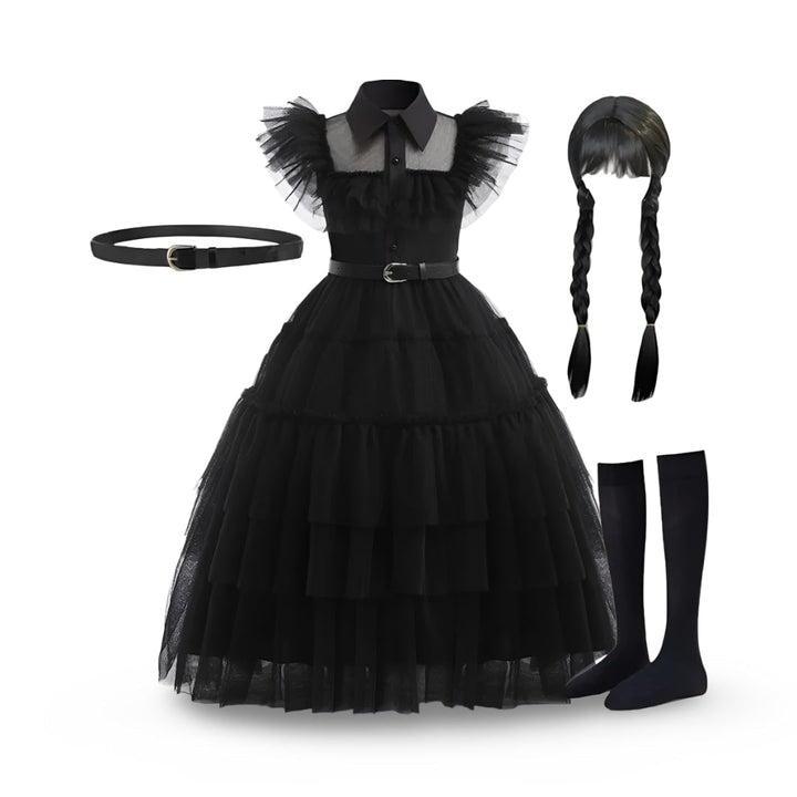 Kids' Halloween gothic schoolgirl Family Costume Dress with Tiered Tulle Skirt and Lace Mask
