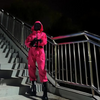 Kids' Halloween Hooded Jumpsuit Costume with Mask Belt and Cargo Pockets Pink