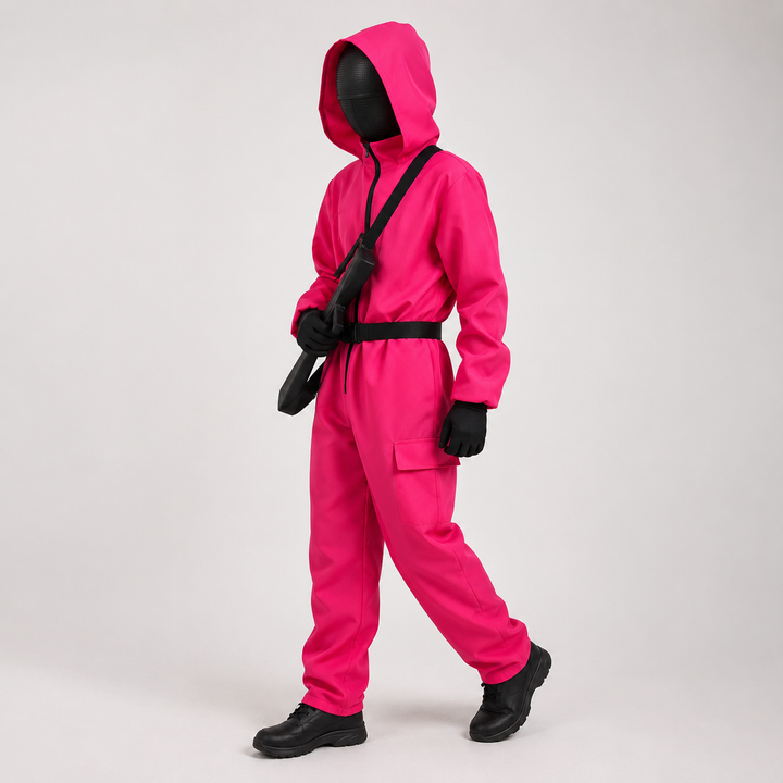 Kids' Halloween Hooded Jumpsuit Costume with Mask Belt and Cargo Pockets Pink