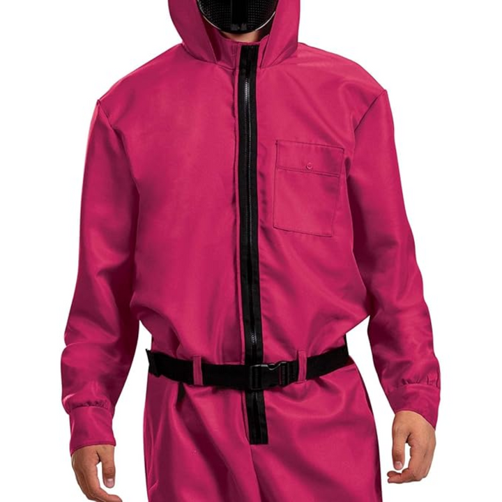 Kids' Halloween Hooded Jumpsuit Costume with Mask Belt and Cargo Pockets Pink