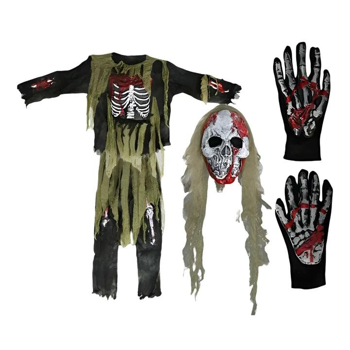 Kids' Halloween Zombie Skeleton Costume with Mask and Gloves for Scary Party Dress-Up