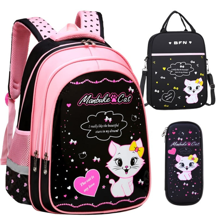 Kids' Lunch Box Backpack Set with Matching Pencil Case Cartoon Cat Print Waterproof and Bag Combo